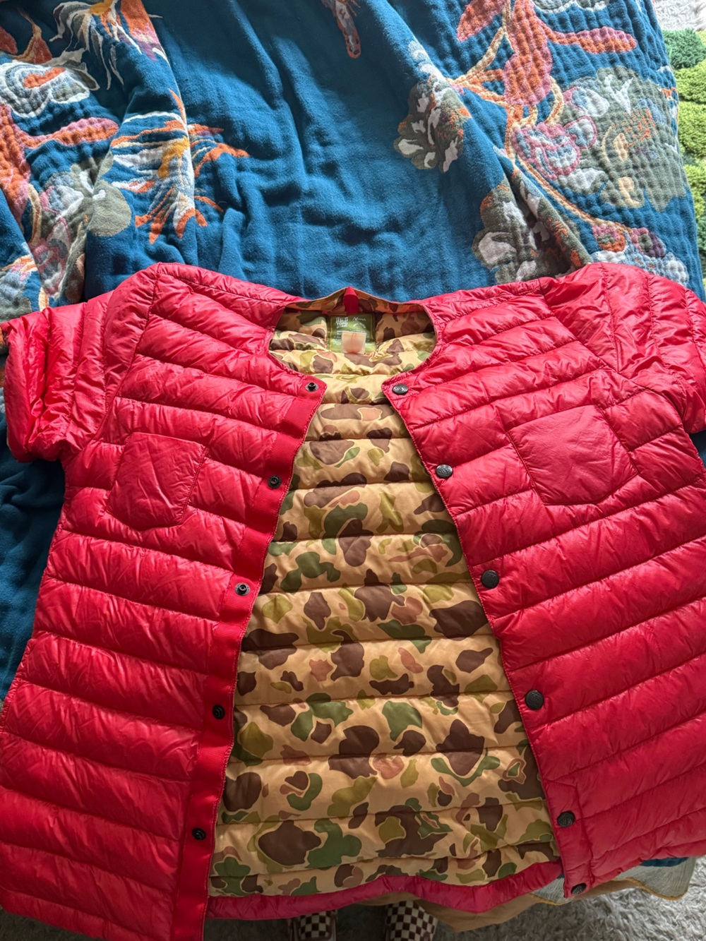 Topo Designs Red Men's Quilted Puffer Jacket with Camo Lining
